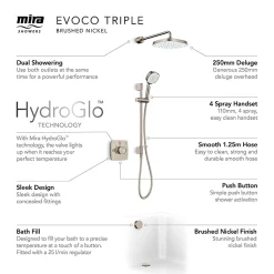 Mira Sh Mira Evoco Triple Outlet Brushed Nickel Thermostatic Mixer Shower With Bathfill