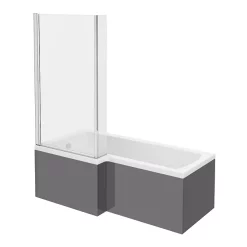 Victorian Plumbing Apollo2 Shower Bath - 1700mm L Shaped With Screen + Gloss Grey Panel