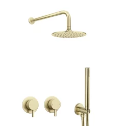 Arezzo Brushed Brass Concealed Individual Diverter + Thermostatic Control Valve With Handset + Wall Mounted Shower Head -Shower Baths Discount arzbisvpk4nd1