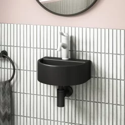 Arezzo Matt Black Round Wall Hung Cloakroom Basin 1TH (303 X 255mm) -Shower Baths Discount az7781mb detail01