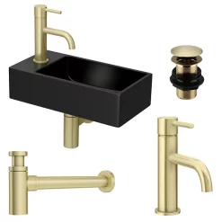 Arezzo 410 X 210 Square Wall Hung Basin With Tap Package (Matt Black - Brushed Brass) -Shower Baths Discount az948dbpknd1