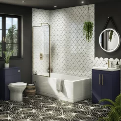 Arezzo Straight Square Shower Bath W. Brushed Brass Framed Fixed Screen