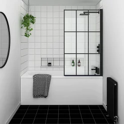 Arezzo Matt Black Grid Bath Screen With Curved Single Ended Bath