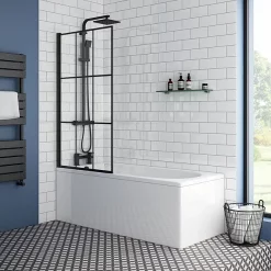 Arezzo Matt Black Grid Bath Screen With Curved Single Ended Bath -Shower Baths Discount azbgrb nd3