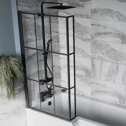 Arezzo Shower Bath - 1700mm L Shaped With Matt Black Grid Screen + Panel -Shower Baths Discount azgl17 new 2