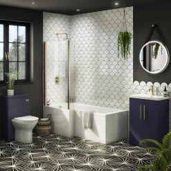 Arezzo Shower Bath - 1700mm L Shaped With Brushed Brass Screen + Panel