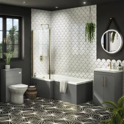 Arezzo Shower Bath - 1700mm L Shaped With Brushed Brass Screen + Matt Grey Panel