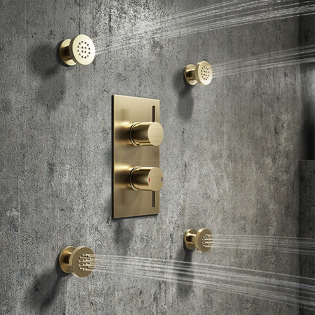 Arezzo Brushed Brass Round Shower System With Diverter, Fixed Shower Head + 4 Body Jets 5 Arezzo Brushed Brass Round Shower System With Diverter, Fixed Shower Head + 4 Body Jets - Image 3