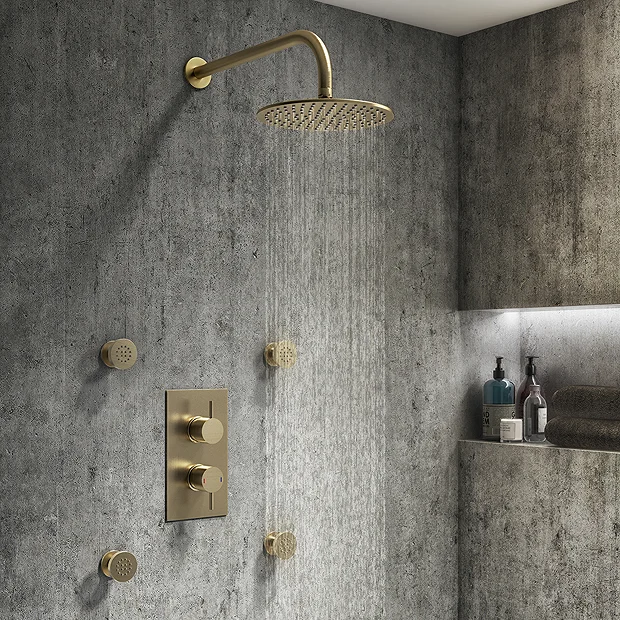 Arezzo Brushed Brass Round Shower System With Diverter, Fixed Shower Head + 4 Body Jets 4 Arezzo Brushed Brass Round Shower System With Diverter, Fixed Shower Head + 4 Body Jets - Image 2