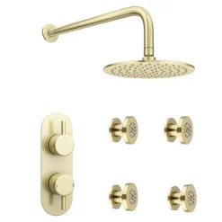 Arezzo Brushed Brass Round Shower System W. Diverter, Fixed Head + 4 Body Jets (Oval Backplate) -Shower Baths Discount azrdsv4bjbbr d3