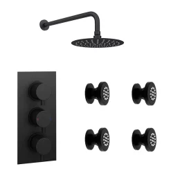 Arezzo Matt Black Round Concealed Triple Shower Valve With Fixed Head + 4 Body Jets
