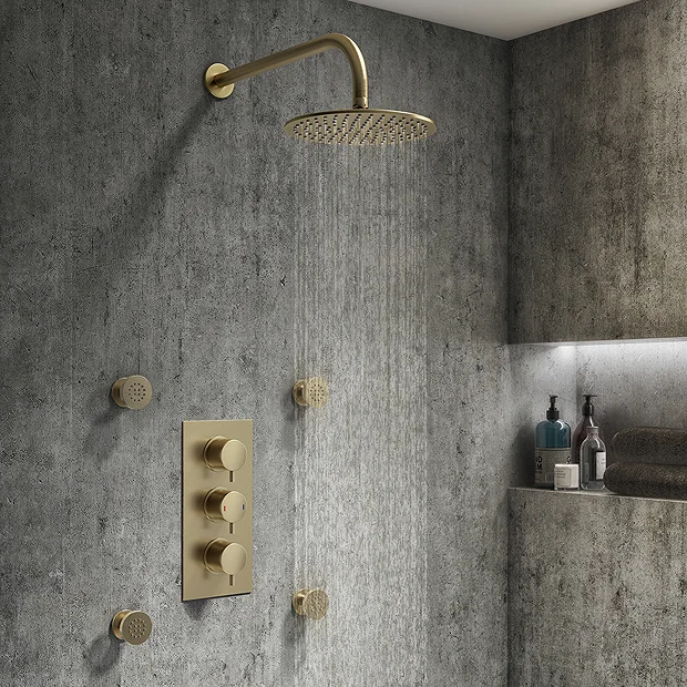 Arezzo Brushed Brass Round Concealed Triple Shower Valve With Fixed Head + 4 Body Jets 4 Arezzo Brushed Brass Round Concealed Triple Shower Valve With Fixed Head + 4 Body Jets - Image 2