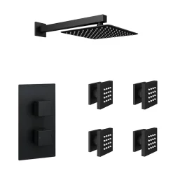 Arezzo Matt Black Square Shower System With Diverter, Fixed Shower Head + 4 Body Jets