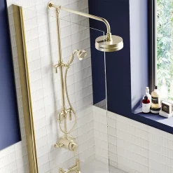 Arezzo Brushed Brass Dual Exposed Valve With Rigid Riser Kit, 195mm Shower Head, Handshower & Diverter
