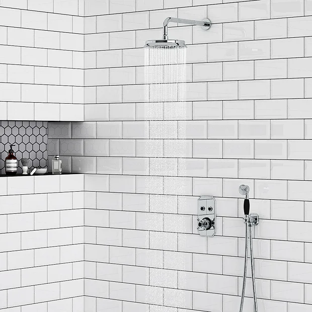 Chatsworth 1928 Black Traditional Push-Button Shower Valve Pack With Handset + Rainfall Shower Head 3 Chatsworth 1928 Black Traditional Push-Button Shower Valve Pack With Handset + Rainfall Shower Head