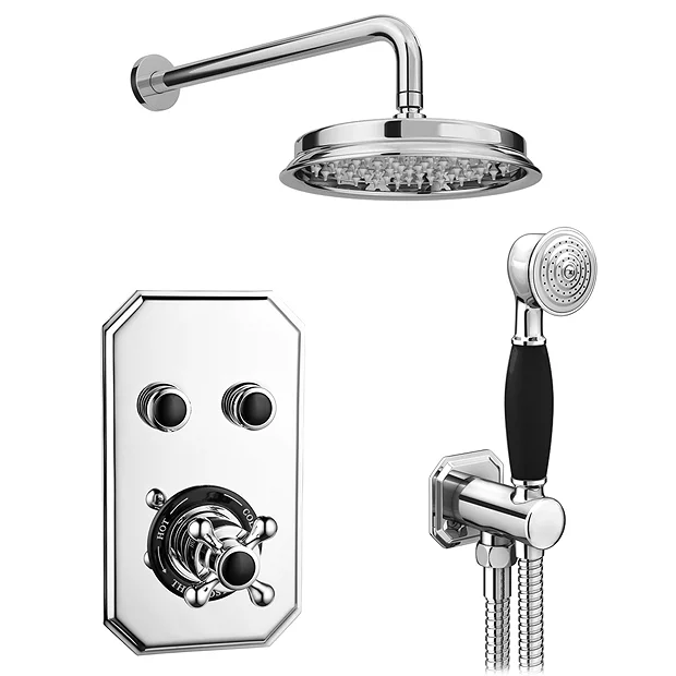Chatsworth 1928 Black Traditional Push-Button Shower Valve Pack With Handset + Rainfall Shower Head 4 Chatsworth 1928 Black Traditional Push-Button Shower Valve Pack With Handset + Rainfall Shower Head - Image 2