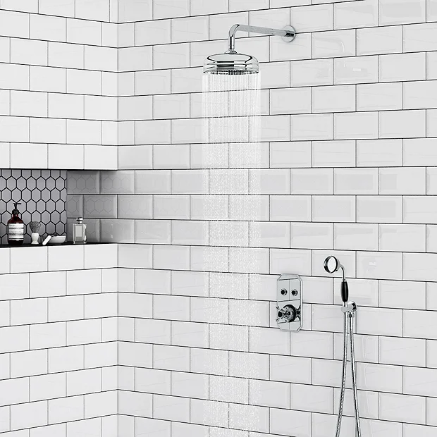 Chatsworth 1928 Black Traditional Push-Button Shower System With Large Handset + 8" Rainfall Shower Head 5 Chatsworth 1928 Black Traditional Push-Button Shower System With Large Handset + 8" Rainfall Shower Head - Image 3