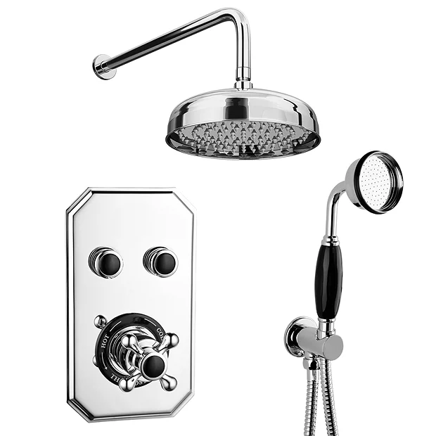 Chatsworth 1928 Black Traditional Push-Button Shower System With Large Handset + 8" Rainfall Shower Head 4 Chatsworth 1928 Black Traditional Push-Button Shower System With Large Handset + 8" Rainfall Shower Head - Image 2