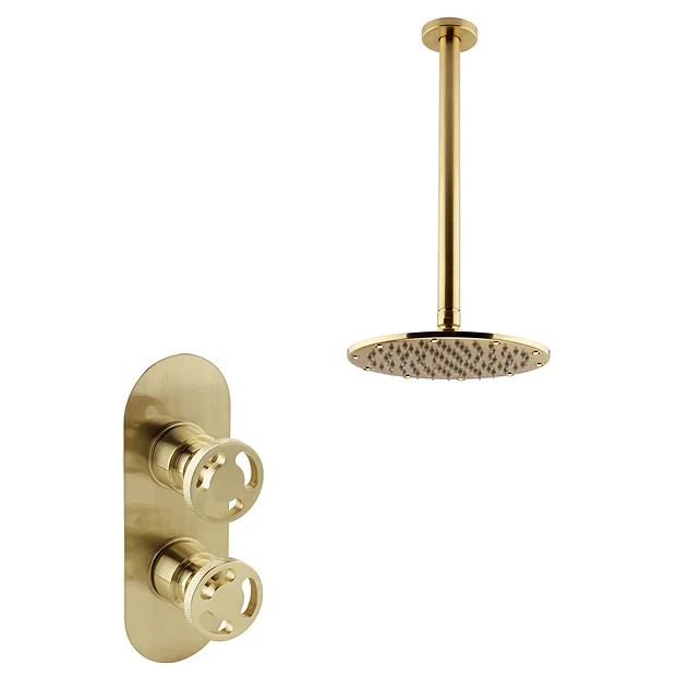 Arezzo Brushed Brass Industrial Style Shower System With Concealed Valve + Ceiling Mounted Head 3 Arezzo Brushed Brass Industrial Style Shower System With Concealed Valve + Ceiling Mounted Head