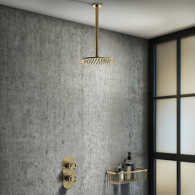 Arezzo Brushed Brass Industrial Style Shower System With Concealed Valve + Ceiling Mounted Head 4 Arezzo Brushed Brass Industrial Style Shower System With Concealed Valve + Ceiling Mounted Head - Image 2
