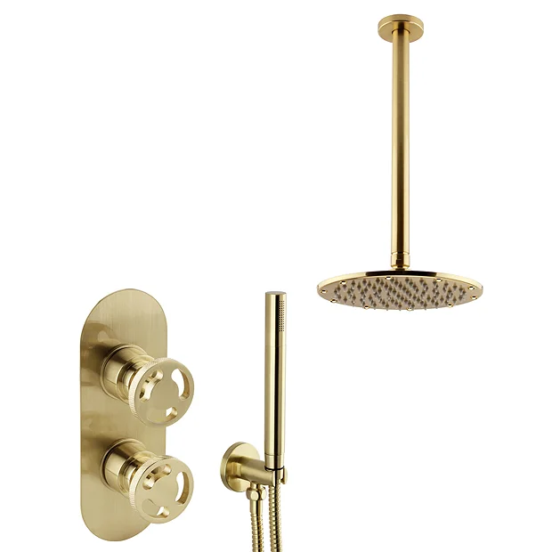 Arezzo Brushed Brass Industrial Style Shower System With Concealed Valve, Handset + Ceiling Mounted Head 3 Arezzo Brushed Brass Industrial Style Shower System With Concealed Valve, Handset + Ceiling Mounted Head