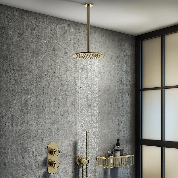 Arezzo Brushed Brass Industrial Style Shower System With Concealed Valve, Handset + Ceiling Mounted Head 4 Arezzo Brushed Brass Industrial Style Shower System With Concealed Valve, Handset + Ceiling Mounted Head - Image 2