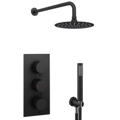 Arezzo Matt Black Round Triple Thermostatic Shower Pack With Head + Handset -Shower Baths Discount rd3blkpk n d1