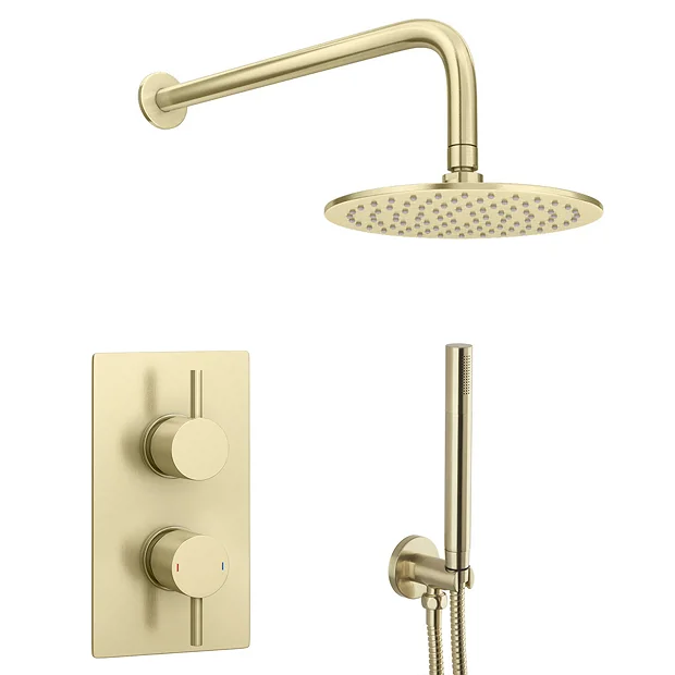 Arezzo Brushed Brass Round Thermostatic Shower Pack With Head + Handset 3 Arezzo Brushed Brass Round Thermostatic Shower Pack With Head + Handset