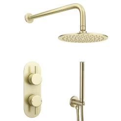 Arezzo Brushed Brass Round Thermostatic Shower Pack With Head + Handset (Oval Backplate) -Shower Baths Discount rd4bbpkr d4