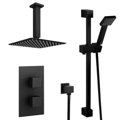 Arezzo Matt Black Square Thermostatic Shower Pack With Head + Slider Rail Kit -Shower Baths Discount sq5blkpk detail1