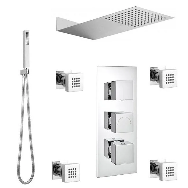 Victorian Plumbing Modern Square Triple Valve With Diverter, Thin Fixed Shower Head, 4 Body Jets + Handset 6 Victorian Plumbing Modern Square Triple Valve With Diverter, Thin Fixed Shower Head, 4 Body Jets + Handset - Image 4