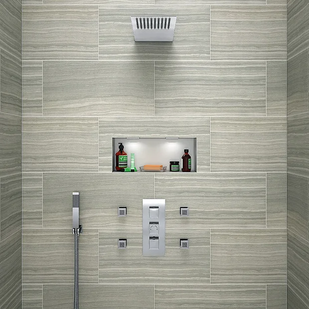 Victorian Plumbing Modern Square Triple Valve With Diverter, Thin Fixed Shower Head, 4 Body Jets + Handset 4 Victorian Plumbing Modern Square Triple Valve With Diverter, Thin Fixed Shower Head, 4 Body Jets + Handset - Image 2
