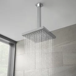 Victorian Plumbing Modern Square Triple Valve With Diverter, Ceiling Mounted Square Shower Head, 4 Body Jets + Slider