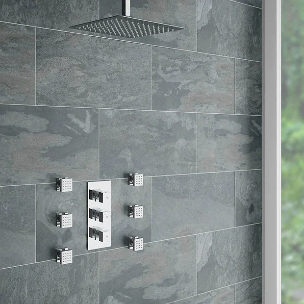 Victorian Plumbing Modern Square Triple Shower Valve, Ceiling Mounted Square Shower Head & 6 Body Jets 4 Victorian Plumbing Modern Square Triple Shower Valve, Ceiling Mounted Square Shower Head & 6 Body Jets - Image 2