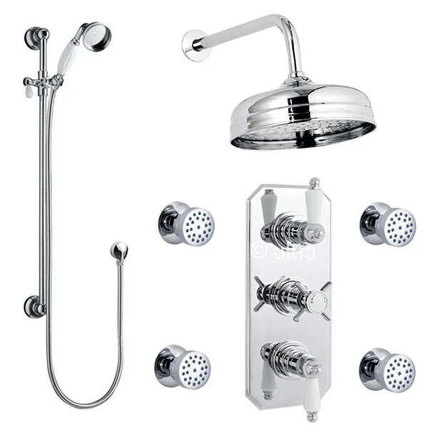 Victorian Plumbing Traditional Triple Concealed Shower Valve With Diverter, 8" Fixed Shower Head, 4 Body Jets & Slider 3 Victorian Plumbing Traditional Triple Concealed Shower Valve With Diverter, 8" Fixed Shower Head, 4 Body Jets & Slider - Image 2
