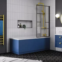 Venice Abstract Matt Black Grid Screen W. Single Ended Bath + Satin Blue Panel -Shower Baths Discount vabgsbb d4