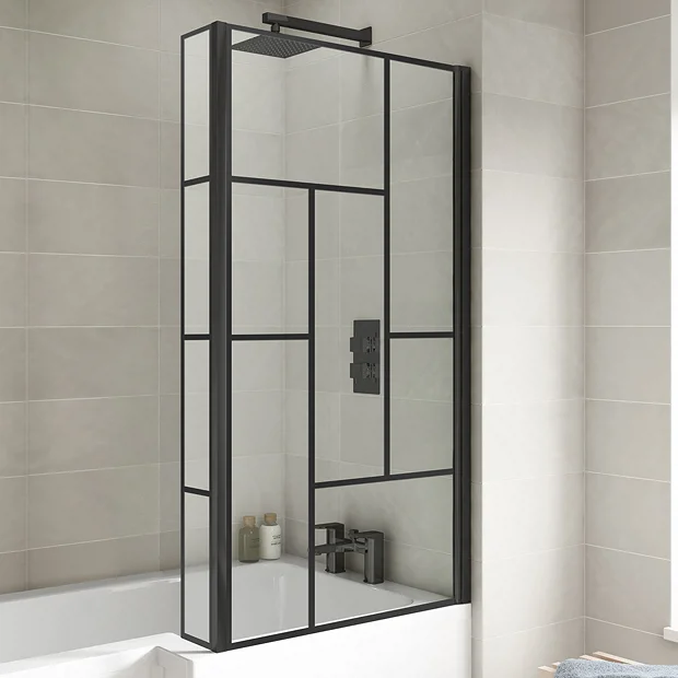 Venice Shower Bath - 1700 L Shaped W. Matt Black Abstract Grid Screen + Satin Grey Panel 3 Venice Shower Bath - 1700 L Shaped W. Matt Black Abstract Grid Screen + Satin Grey Panel